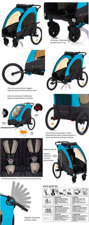 GUTO Przyczepka Rowerowa Jogger Wózek DELUXE ALU PRO 3w1 HOL dla 2 dzieci do 44kg