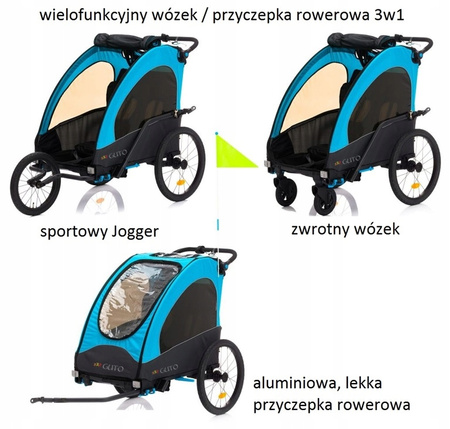 GUTO Przyczepka Rowerowa Jogger Wózek DELUXE ALU PRO 3w1 HOL dla 2 dzieci do 44kg
