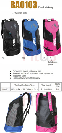 TUSA DUŻY PLECAK NURKOWY SIATKOWY BA0103 BK 81L